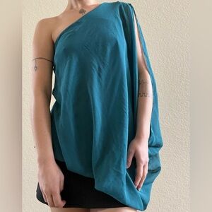 Vintage y2k Bebe satin silk Teal blue One-Shoulder tunic top